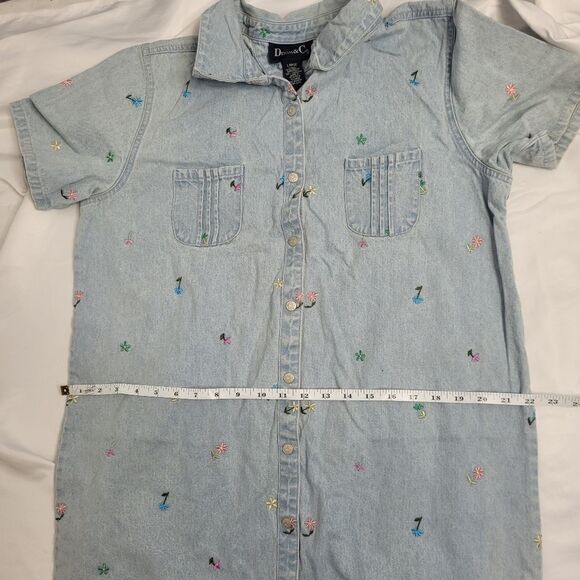 VINTAGE 90s dress denim embroidered floral button up jean maxi L - Picture 7 of 8